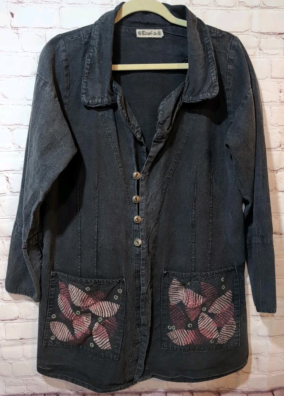 Blue fish Size 1 Hemp Cotton Artwear Jacket Lagenlook Black Pockets Bluefish